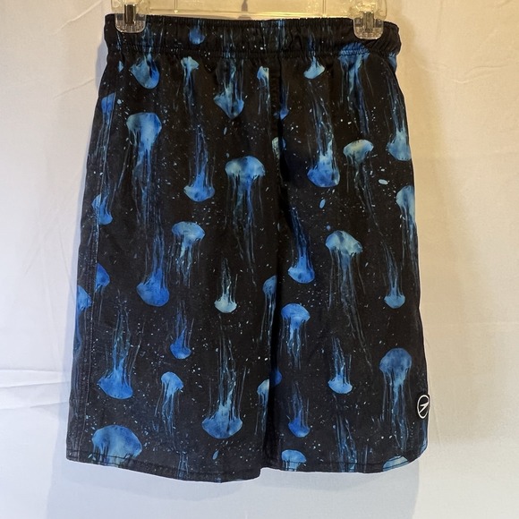 SPEEDO Boys Swim Trunks Large 14/16 Black‎ Blue Jellyfish Pattern Elastic Waist - Picture 1 of 5